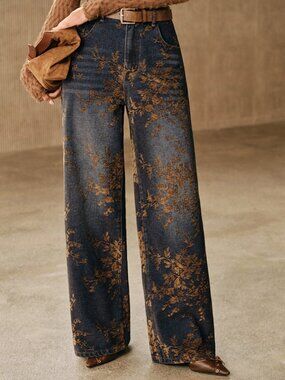 Coffee Brown Boho Women's Jacquard Jeans Straight Leg Pants